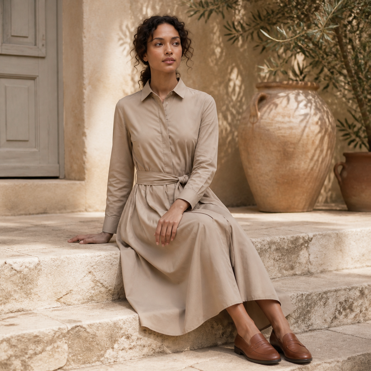 Robe longue taupe ceinturée Tsniout — vue 5 — Tissu fluide opaque, coupe longue et évasée
