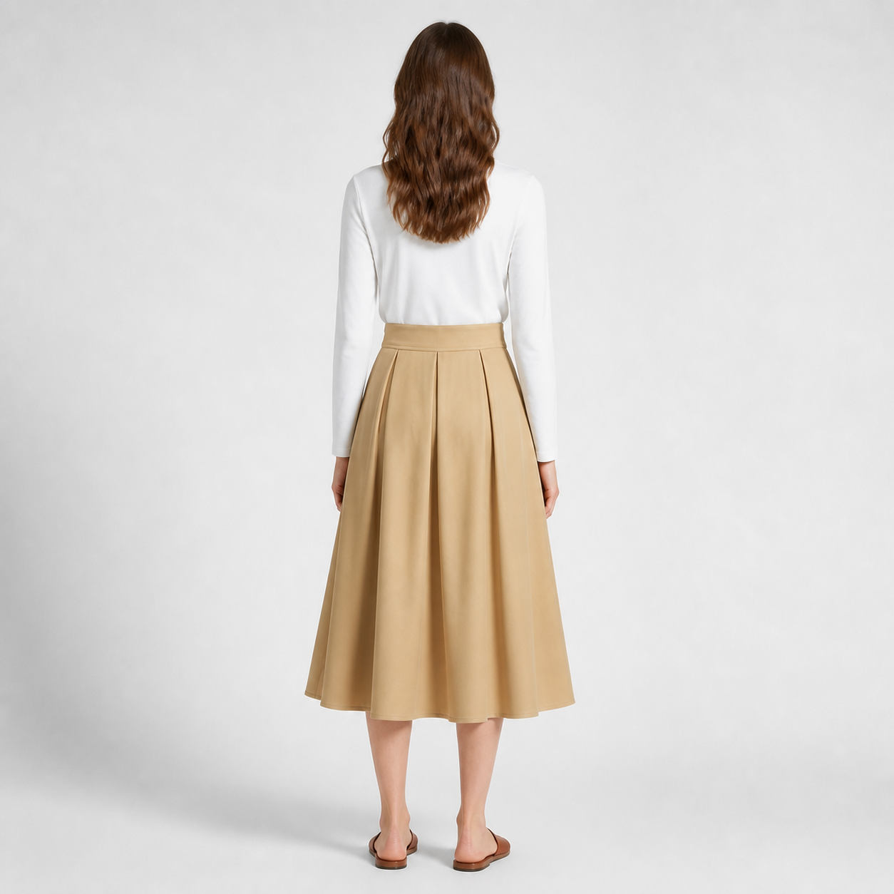 Jupe midi camel plissée Tsniout — vue 2 — Polyester souple et extensible, coupe évasée plissée