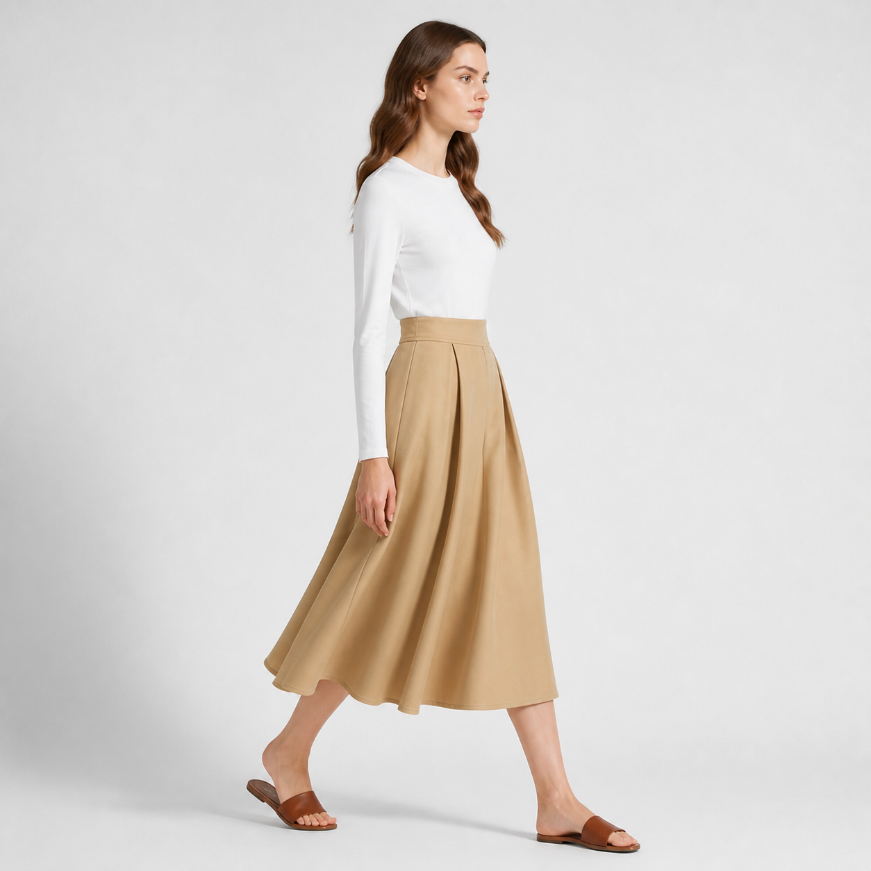 Jupe midi camel plissée Tsniout — vue 3 — Polyester souple et extensible, coupe évasée plissée