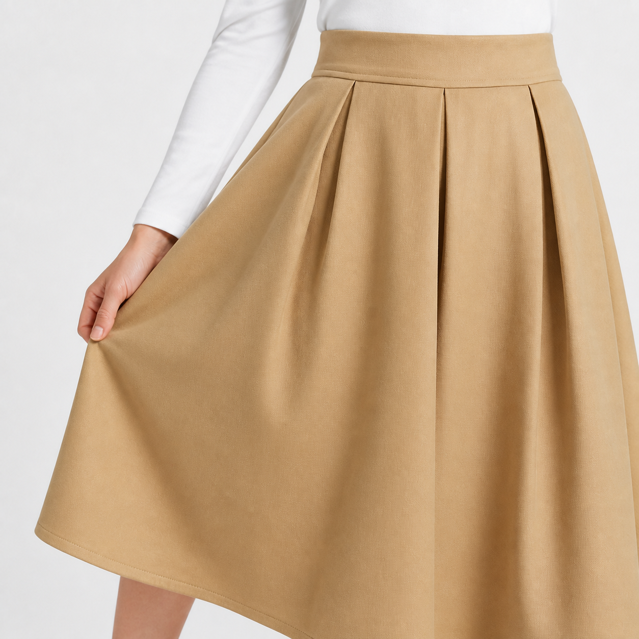 Jupe midi camel plissée Tsniout — vue 4 — Polyester souple et extensible, coupe évasée plissée