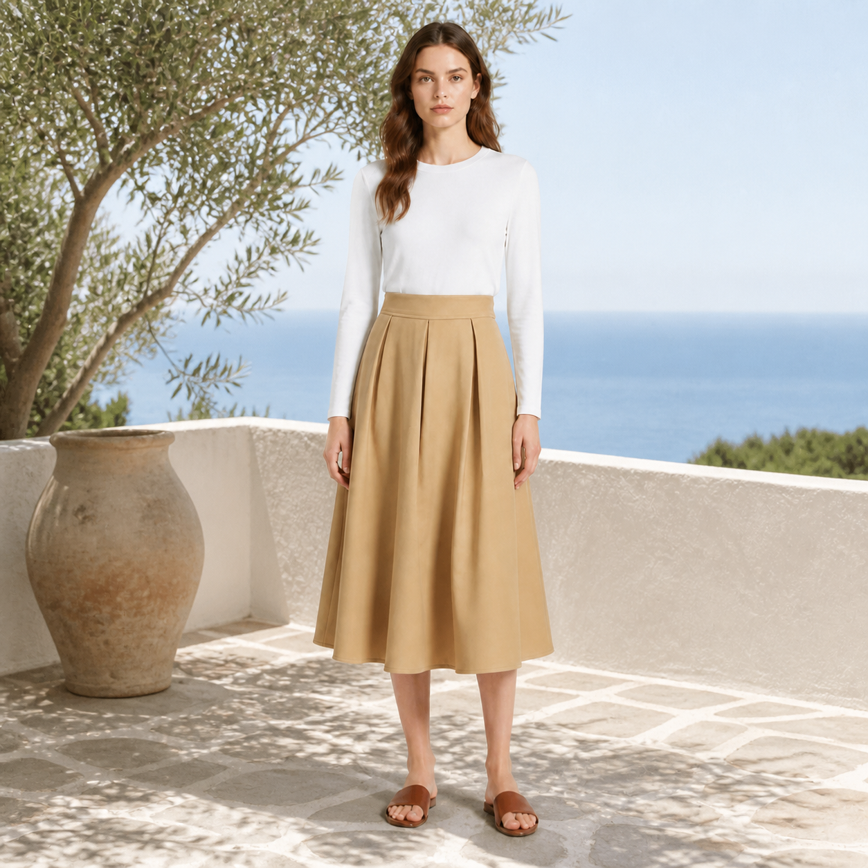 Jupe midi camel plissée Tsniout — vue 6 — Polyester souple et extensible, coupe évasée plissée