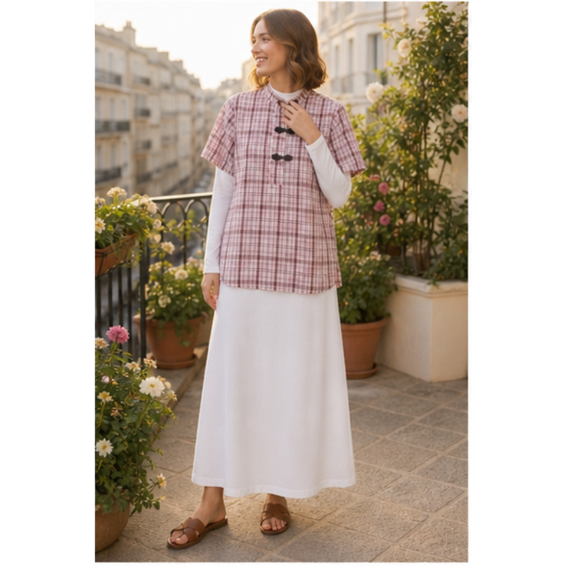 Tunique rose à carreaux et brandebourgs Tsniout — vue 3 — Tissu souple à carreaux