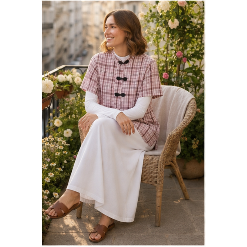 Tunique rose à carreaux et brandebourgs Tsniout — vue 5 — Tissu souple à carreaux