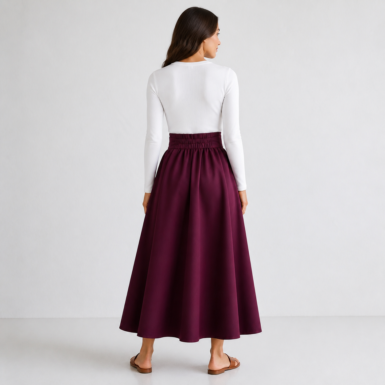 Jupe longue bordeaux taille haute à nœud Tsniout — vue 2 — Matière opaque légèrement épaisse, polyester et élasthanne