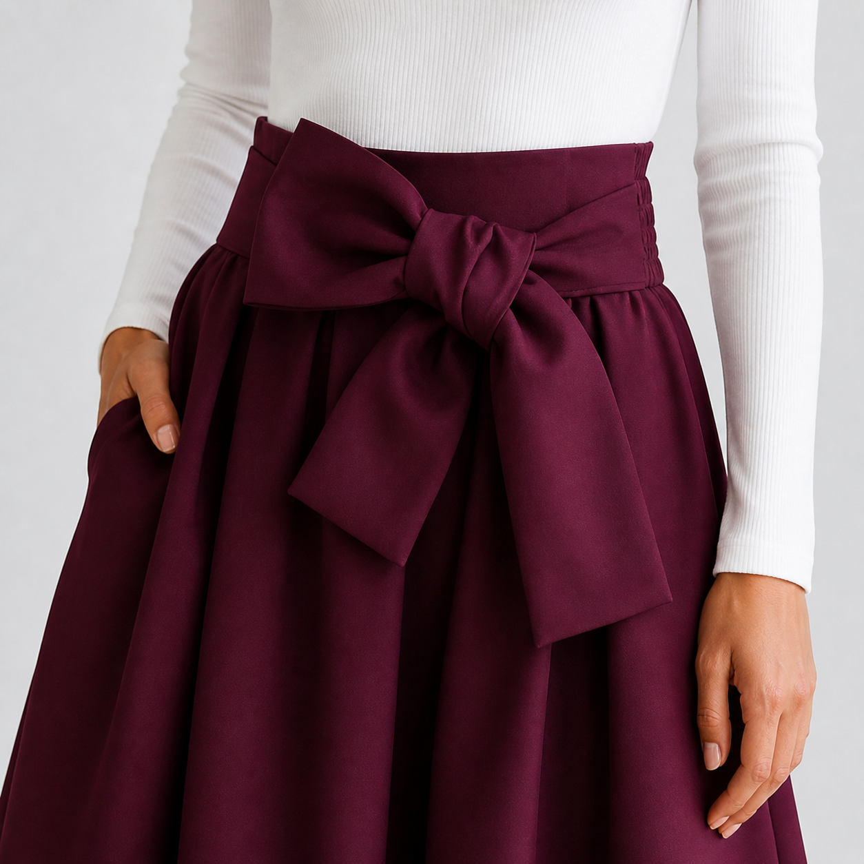 Jupe longue bordeaux taille haute à nœud Tsniout — vue 4 — Matière opaque légèrement épaisse, polyester et élasthanne