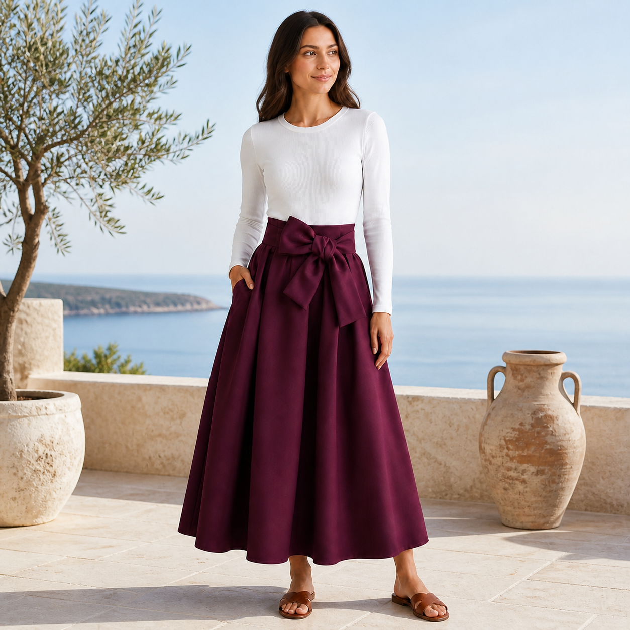 Jupe longue bordeaux taille haute à nœud Tsniout — vue 6 — Matière opaque légèrement épaisse, polyester et élasthanne