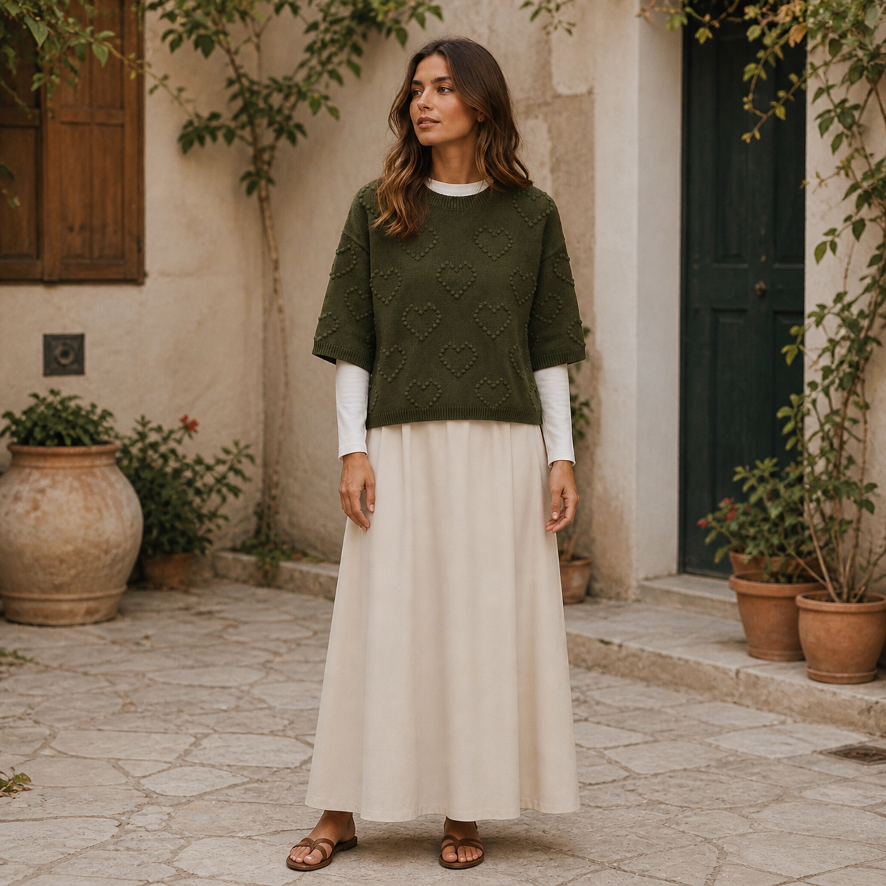 Pull vert olive à motifs cœurs Tsniout — vue 6 — Maille douce à motifs cœurs en relief