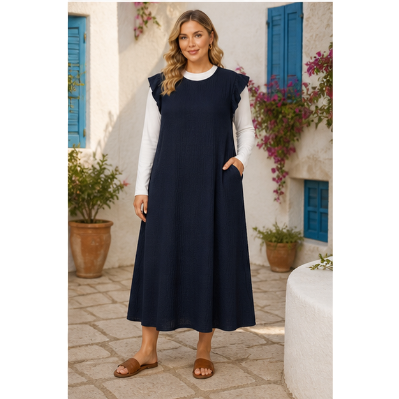 Robe longue marine à coupe fluide Tsniout — vue 3 — Tissu extensible fluide et confortable