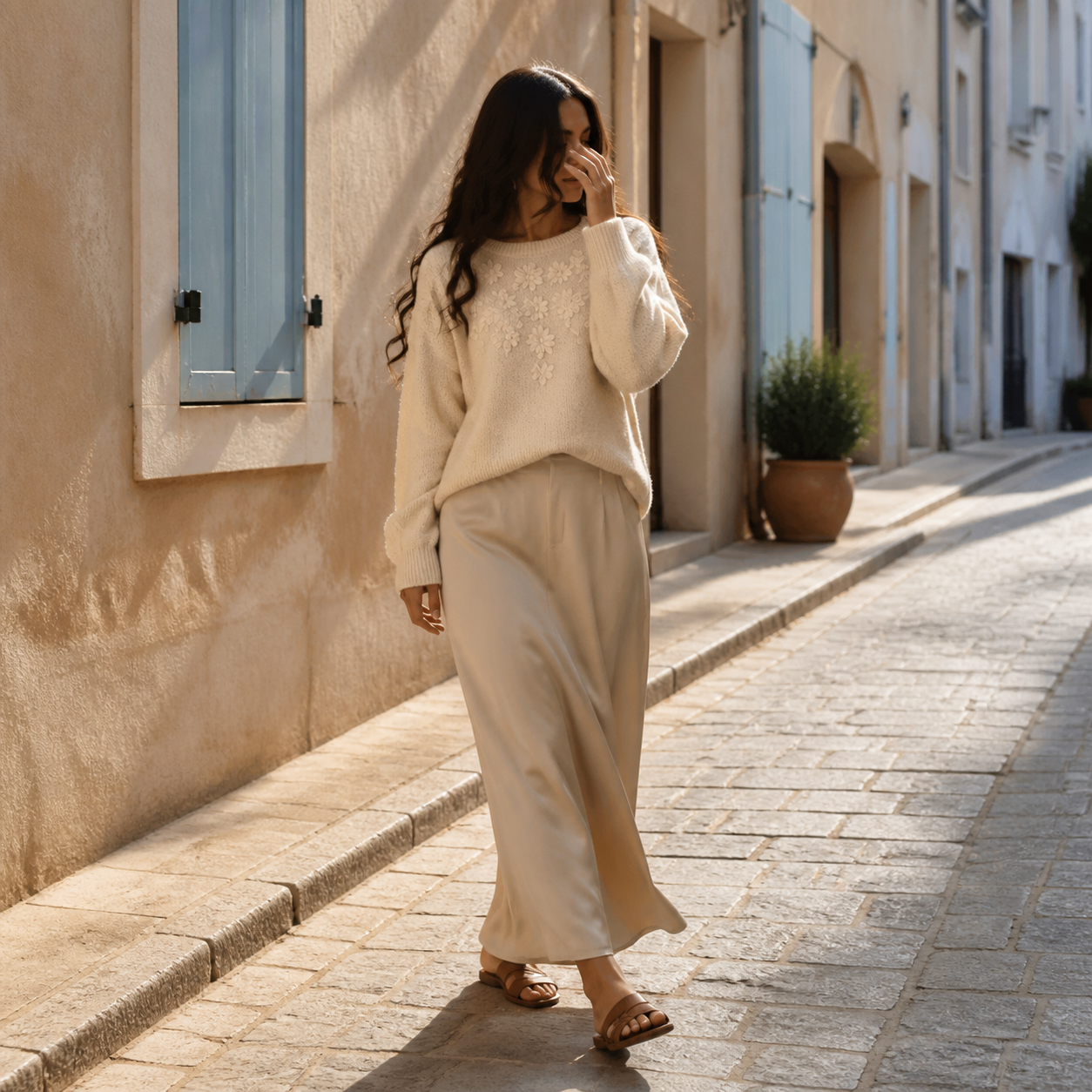 Pull écru brodé de fleurs Tsniout — vue 3 — Polyester recyclé 25 %, polyester 51 %, nylon 15 %, laine 7 %, élasthanne 2 %