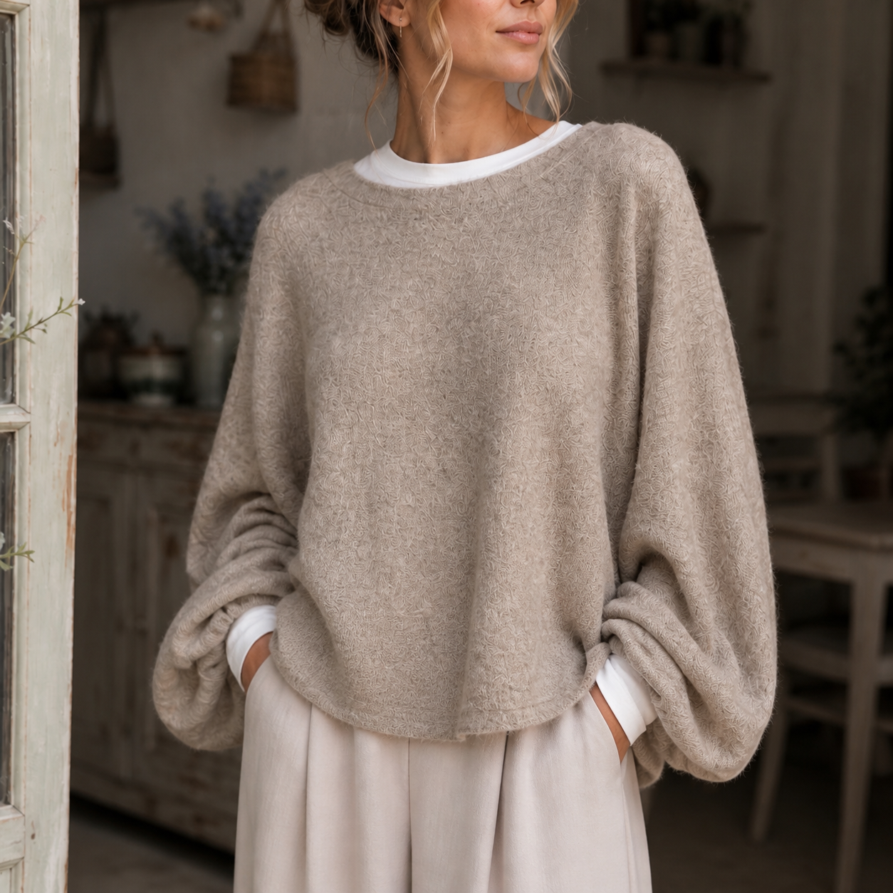 Pull beige en maille duveteuse Tsniout — vue 4 — Maille duveteuse beige, manches longues