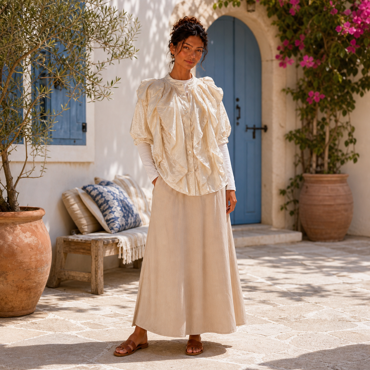 Blouse écrue satinée à volants Tsniout — vue 6 — Viscose 100%, jacquard satiné