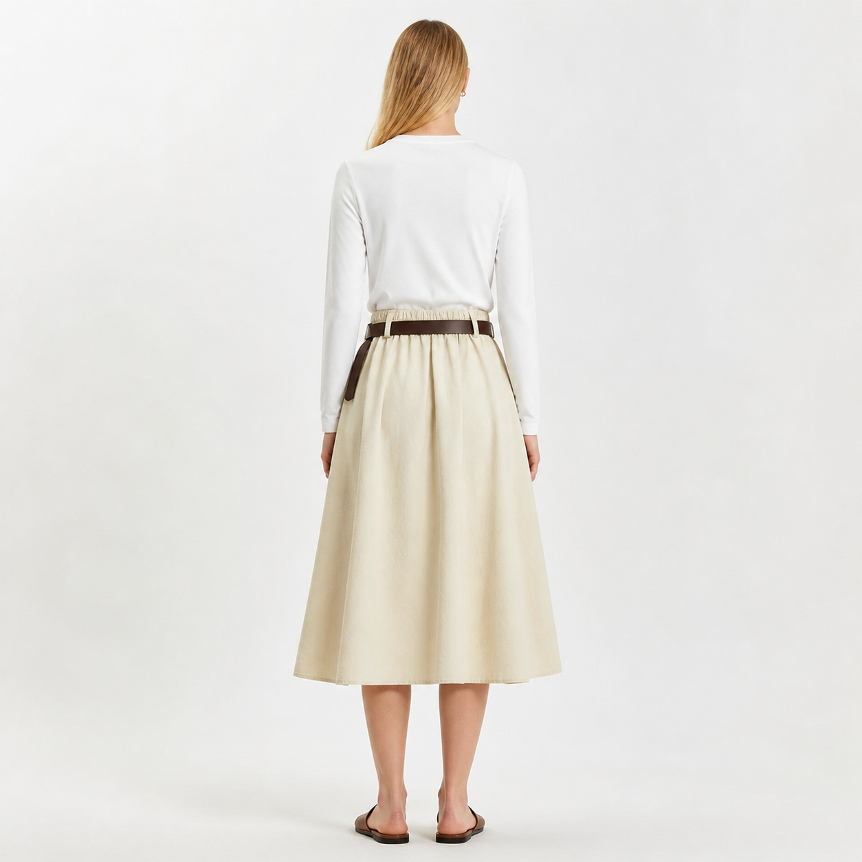 Jupe midi beige à ceinture Tsniout — vue 2 — Matière fluide