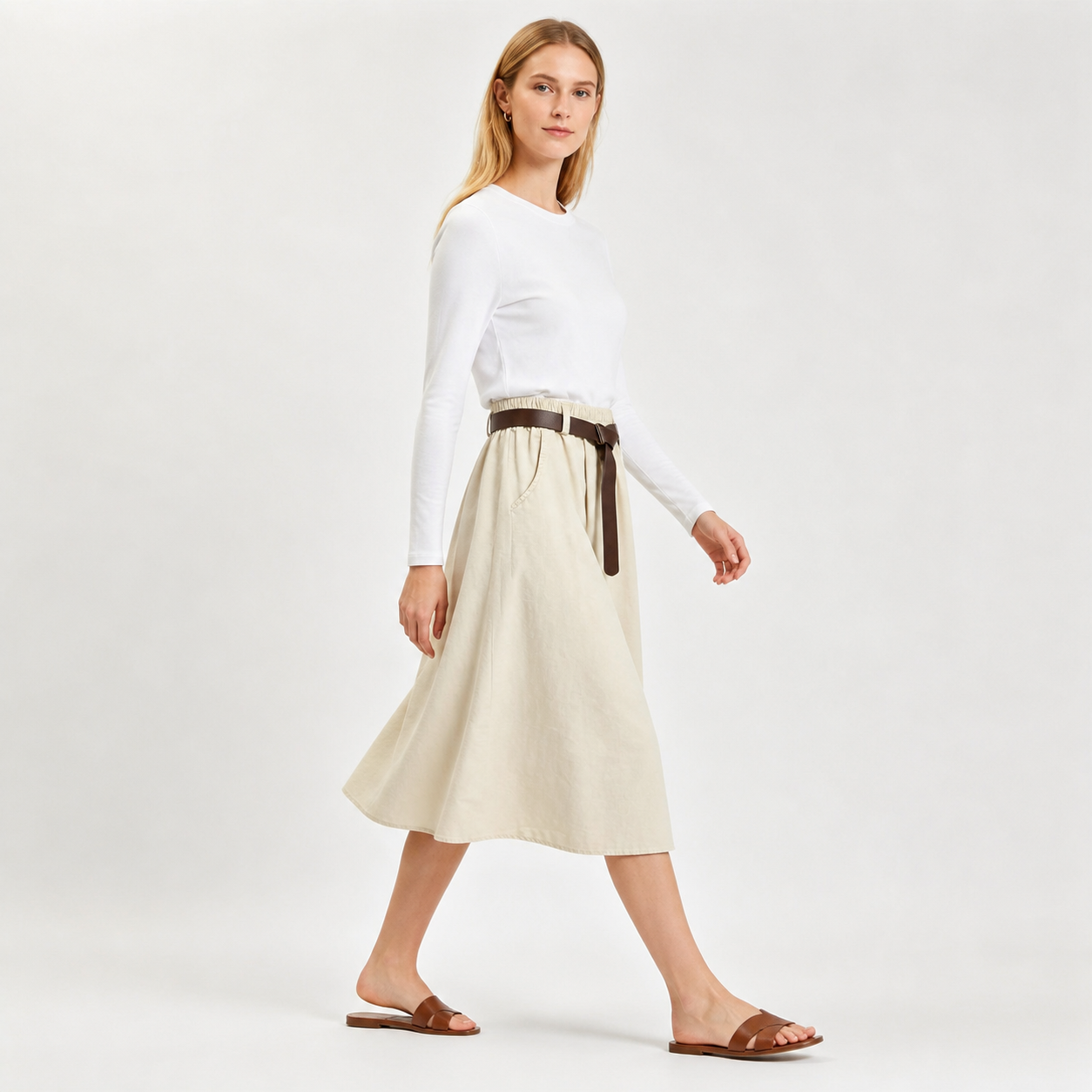 Jupe midi beige à ceinture Tsniout — vue 3 — Matière fluide