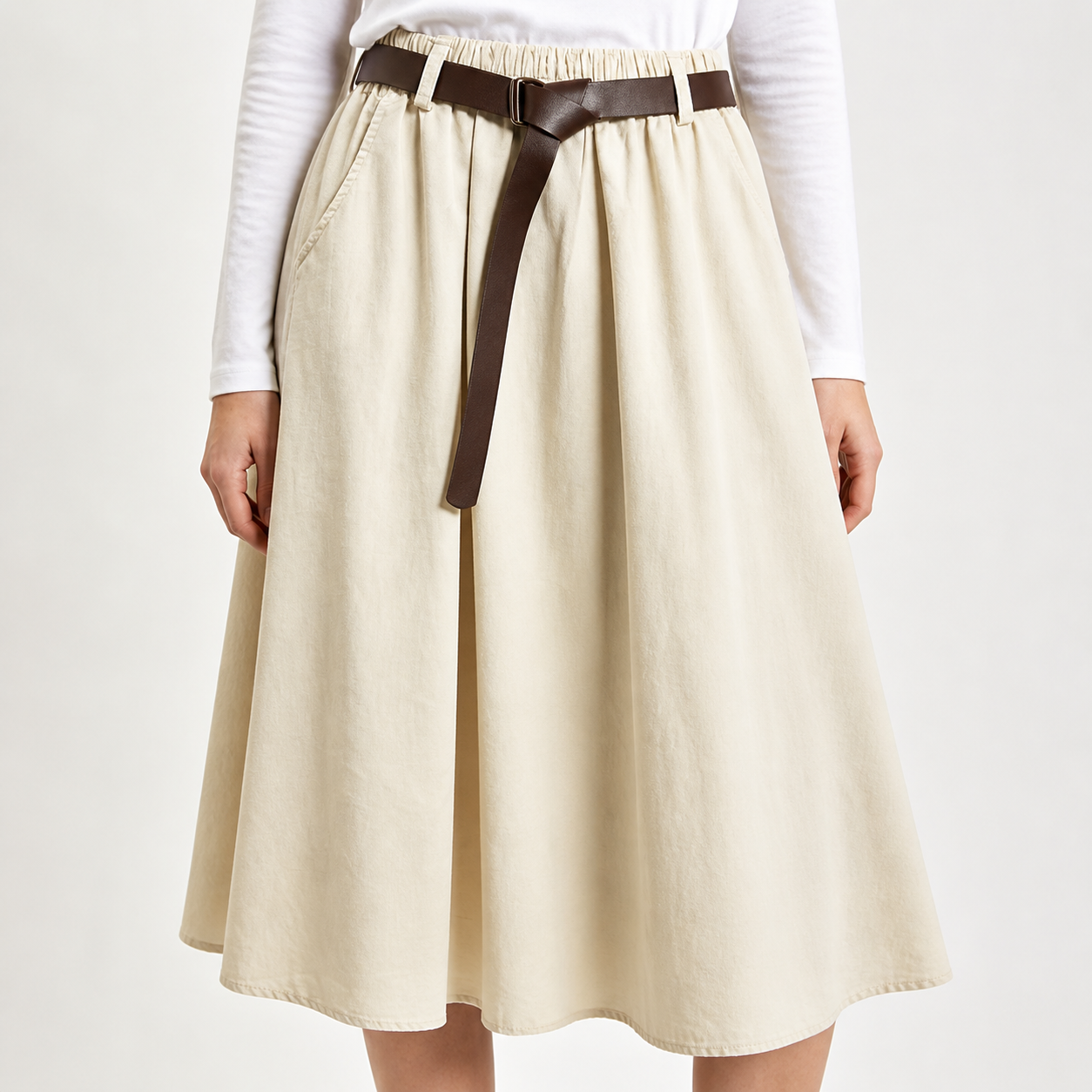 Jupe midi beige à ceinture Tsniout — vue 4 — Matière fluide