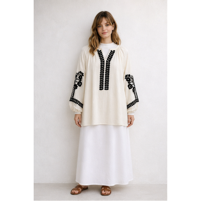 Tunique ivoire à broderie noire Tsniout — Coton léger texturé