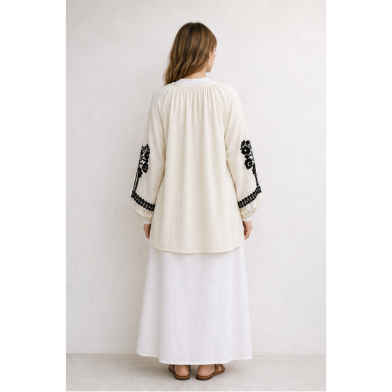 Tunique ivoire à broderie noire Tsniout — vue 2 — Coton léger texturé