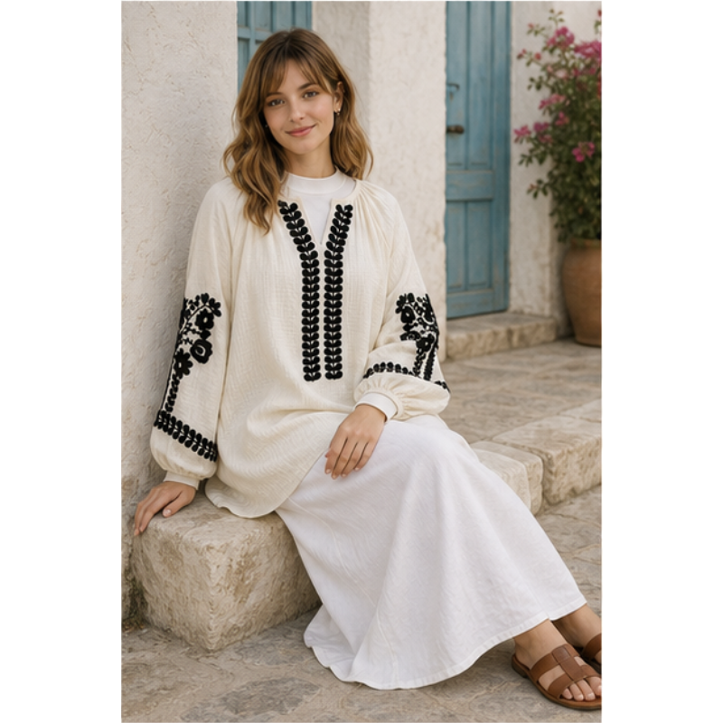 Tunique ivoire à broderie noire Tsniout — vue 5 — Coton léger texturé
