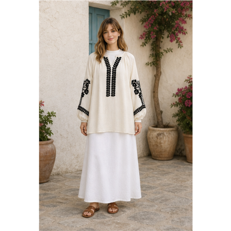Tunique ivoire à broderie noire Tsniout — vue 6 — Coton léger texturé