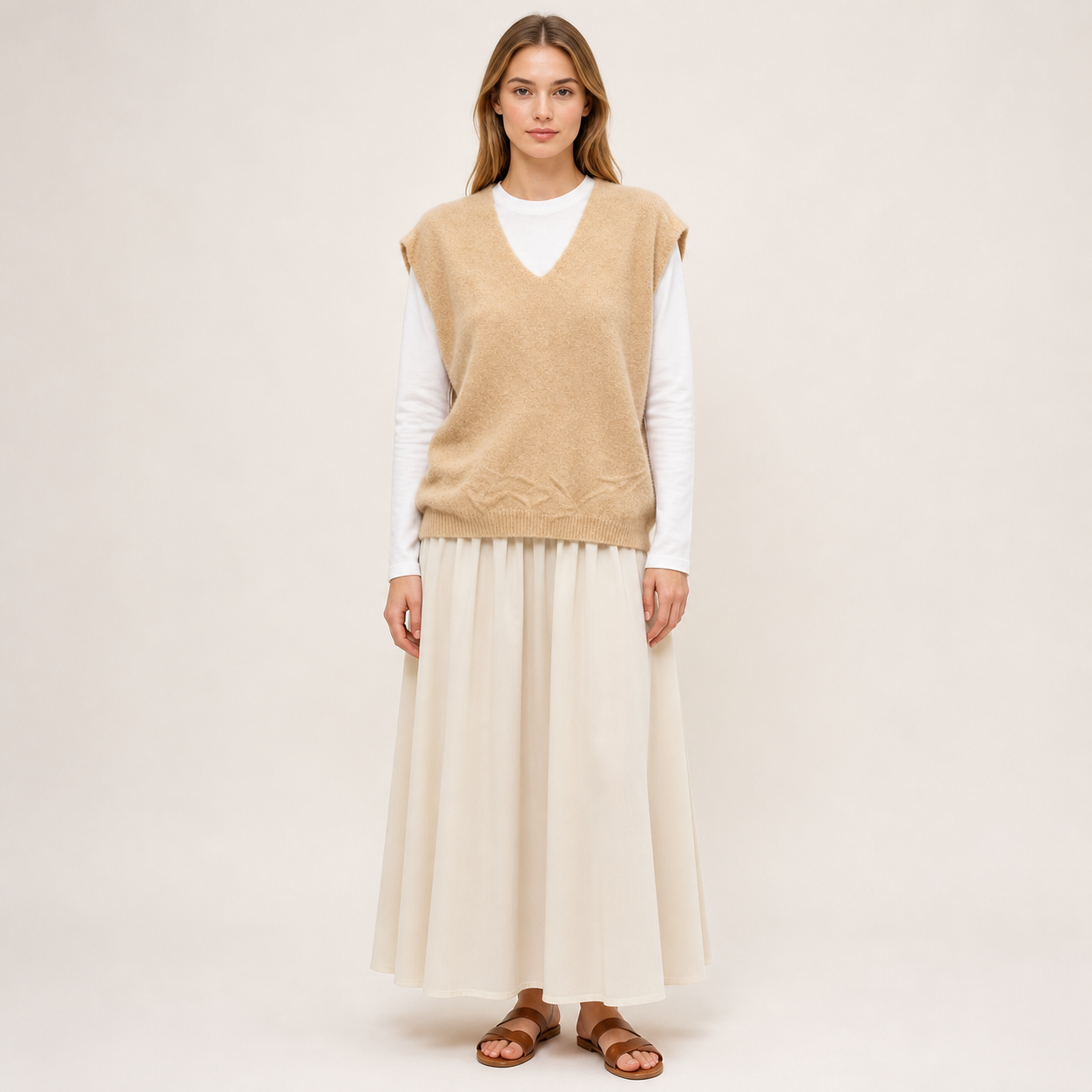 Gilet-pull beige en maille à col V Tsniout — Maille douce acrylique, polyamide, élasthanne et laine