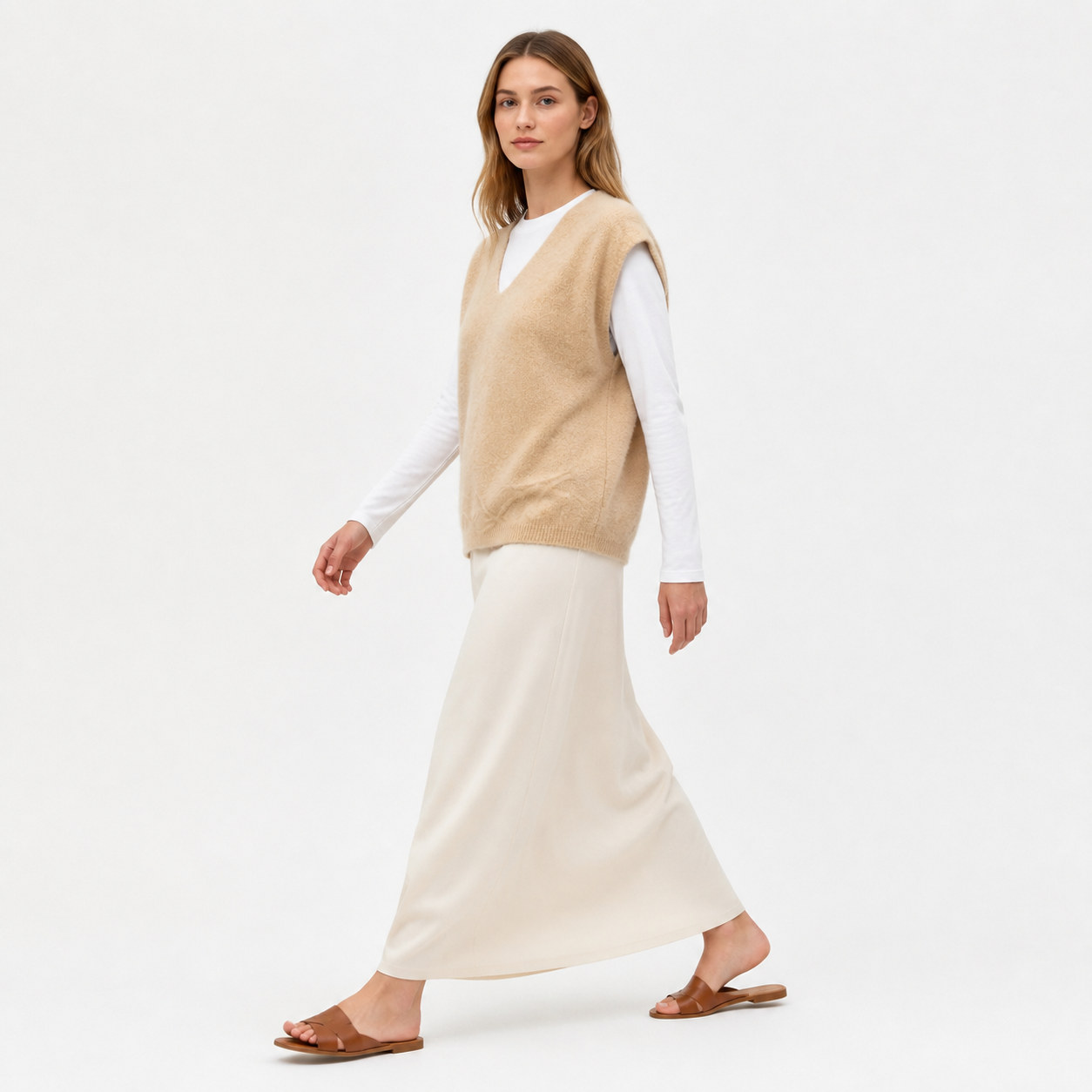 Gilet-pull beige en maille à col V Tsniout — vue 3 — Maille douce acrylique, polyamide, élasthanne et laine