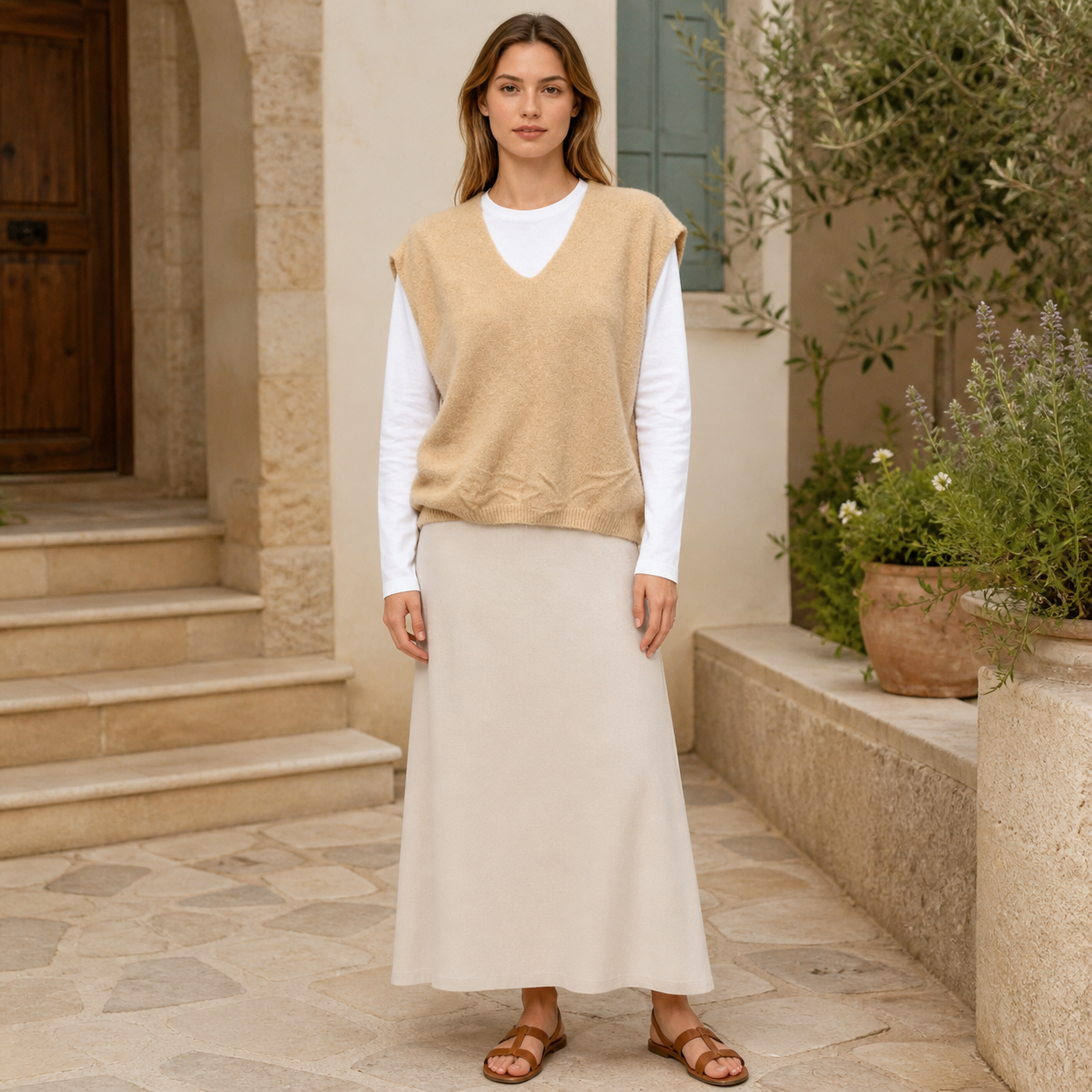 Gilet-pull beige en maille à col V Tsniout — vue 6 — Maille douce acrylique, polyamide, élasthanne et laine