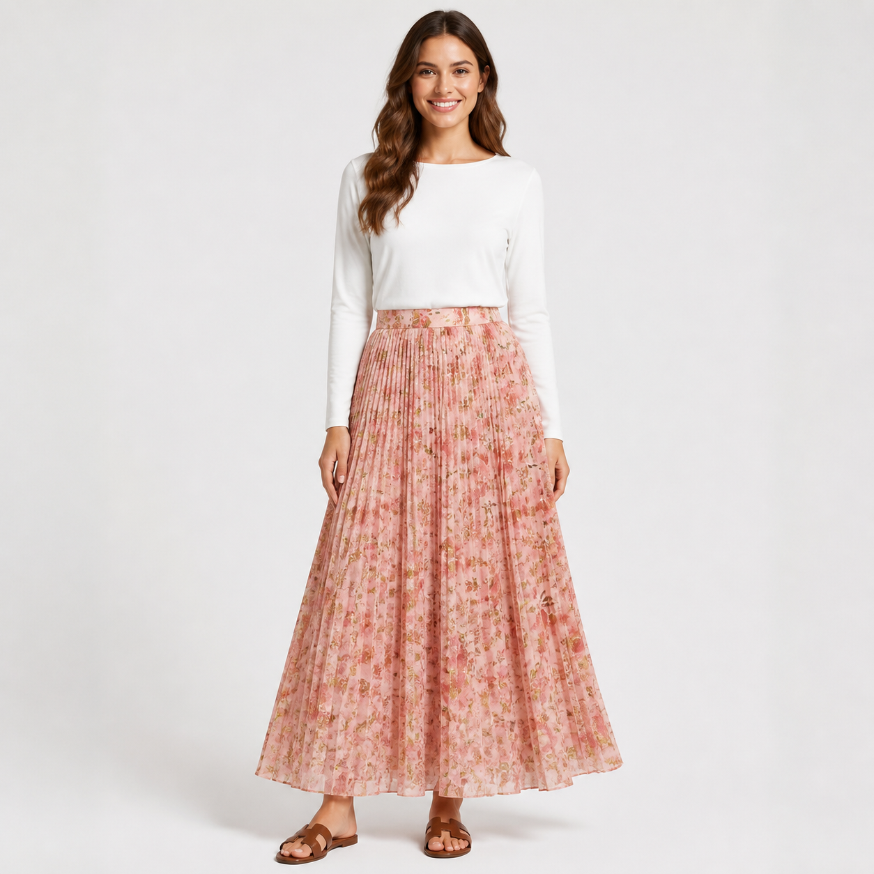 Jupe longue rose fleurie plissée Tsniout — Tissu fluide opaque doublé, imprimé floral et plis fins