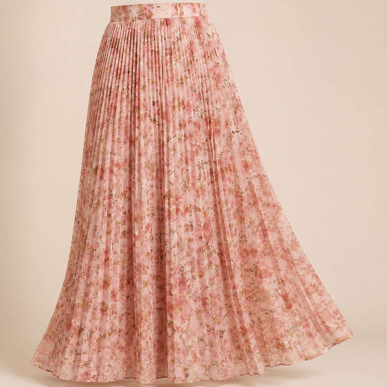 Jupe longue rose fleurie plissée Tsniout — vue 4 — Tissu fluide opaque doublé, imprimé floral et plis fins
