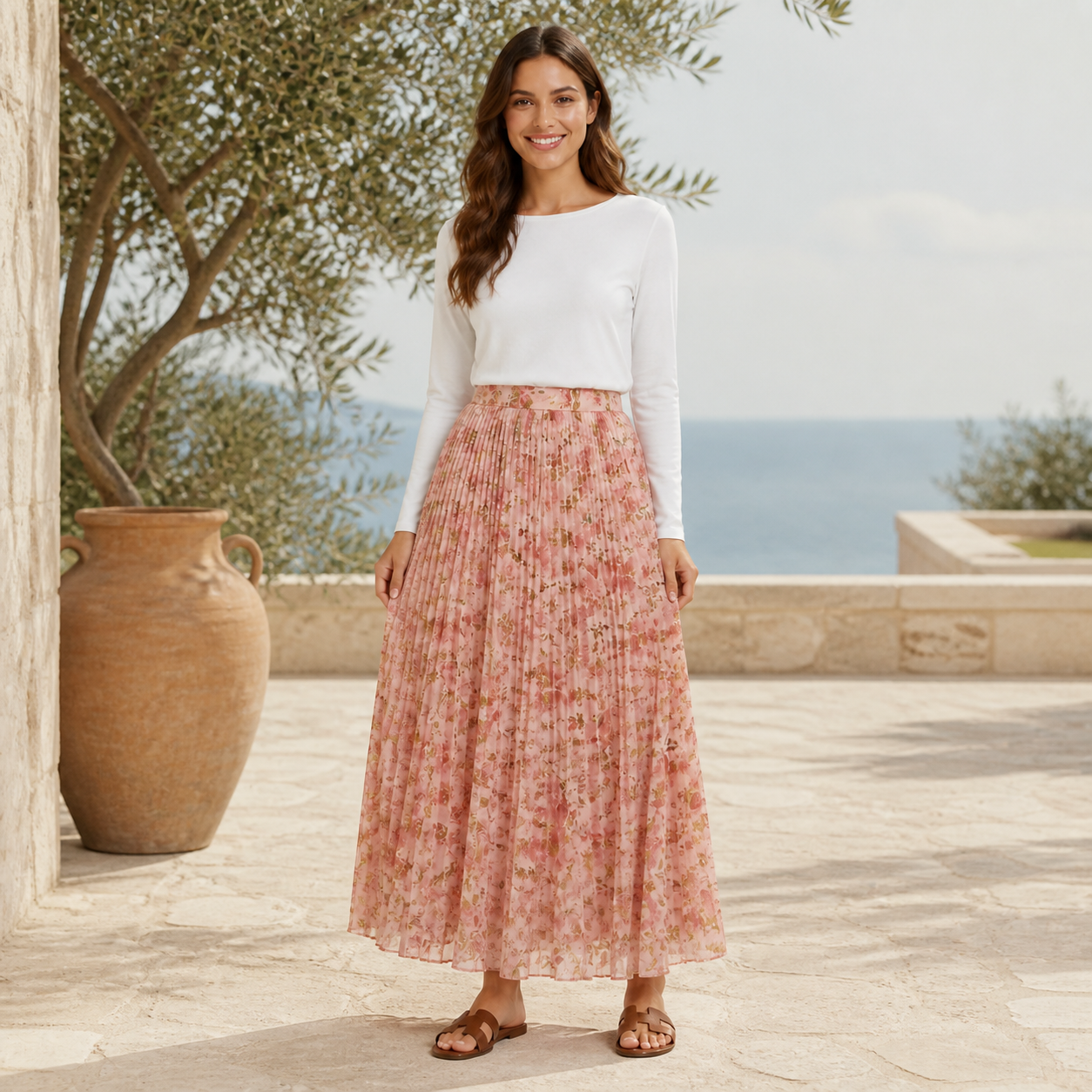 Jupe longue rose fleurie plissée Tsniout — vue 6 — Tissu fluide opaque doublé, imprimé floral et plis fins