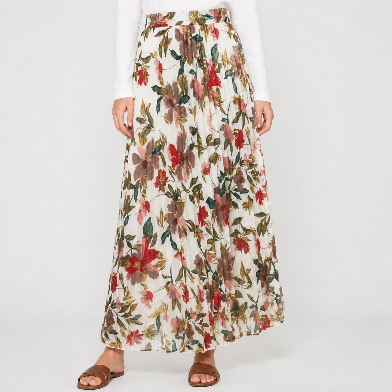 Jupe longue blanche fleurie plissée Tsniout — vue 4 — Tissu fluide opaque doublé, imprimé floral et plis fins