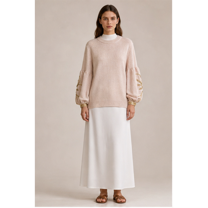 Tunique beige en maille à manches décorées Tsniout — Polyester doux en maille légère