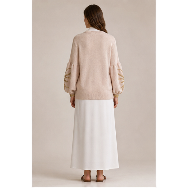 Tunique beige en maille à manches décorées Tsniout — vue 2 — Polyester doux en maille légère