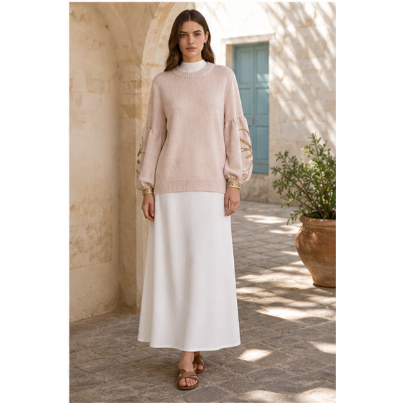 Tunique beige en maille à manches décorées Tsniout — vue 3 — Polyester doux en maille légère