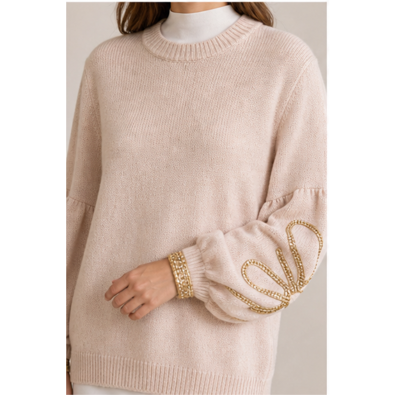 Tunique beige en maille à manches décorées Tsniout — vue 4 — Polyester doux en maille légère