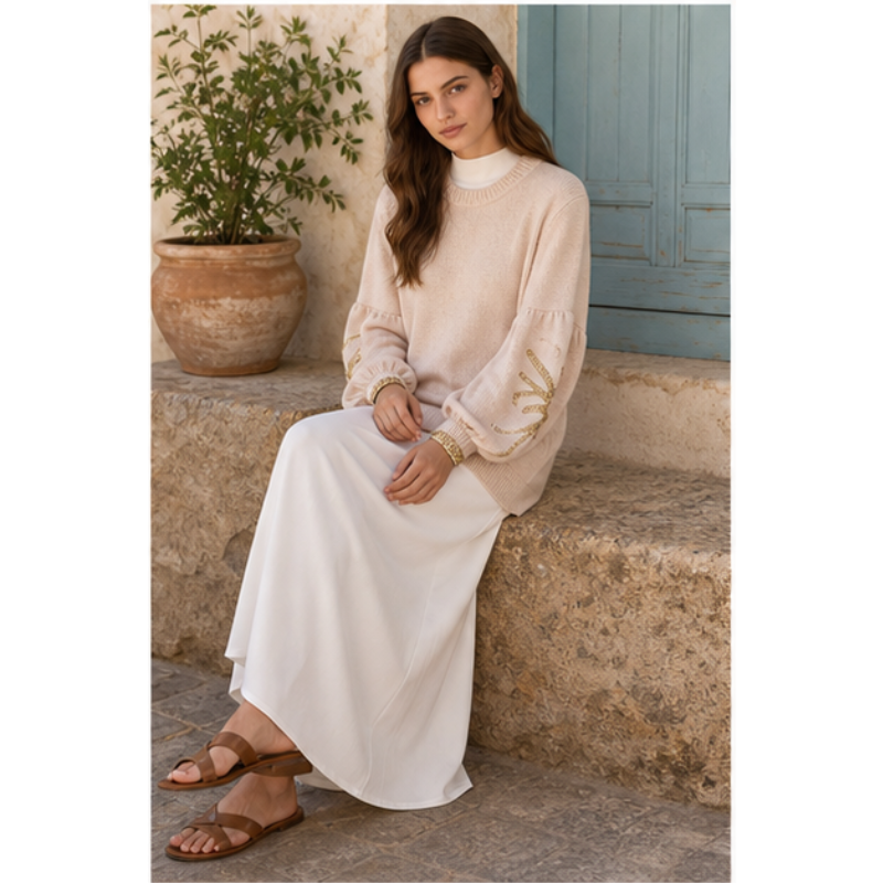 Tunique beige en maille à manches décorées Tsniout — vue 5 — Polyester doux en maille légère