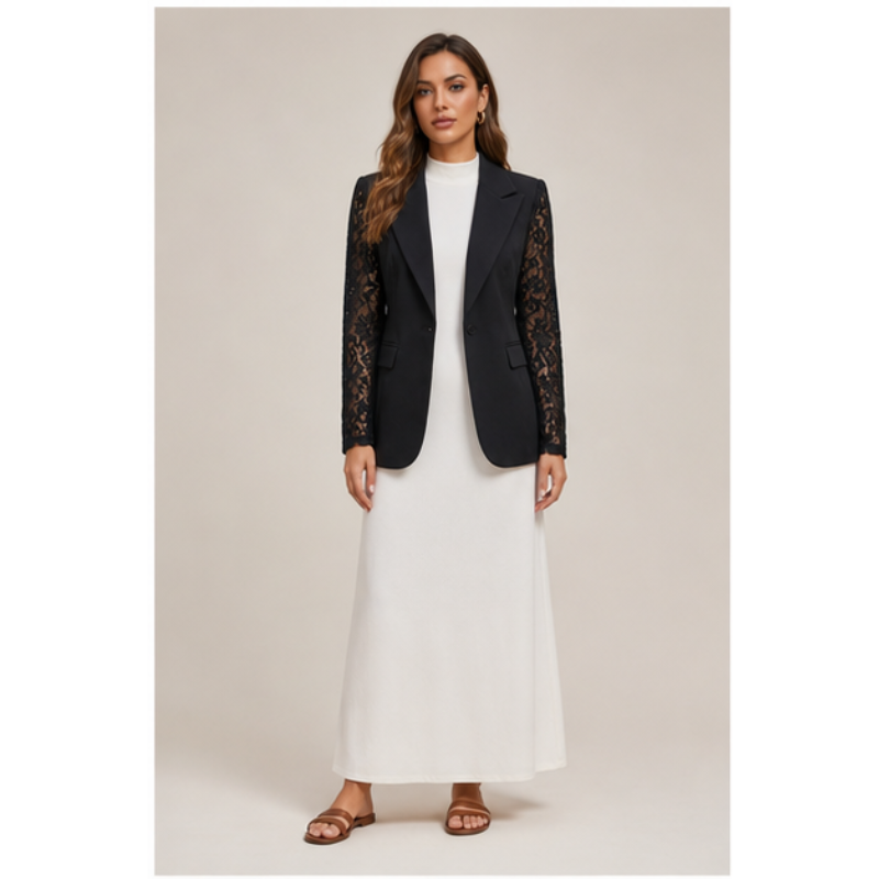 Blazer noir à manches dentelle Tsniout — Corps polyester, manches en dentelle florale