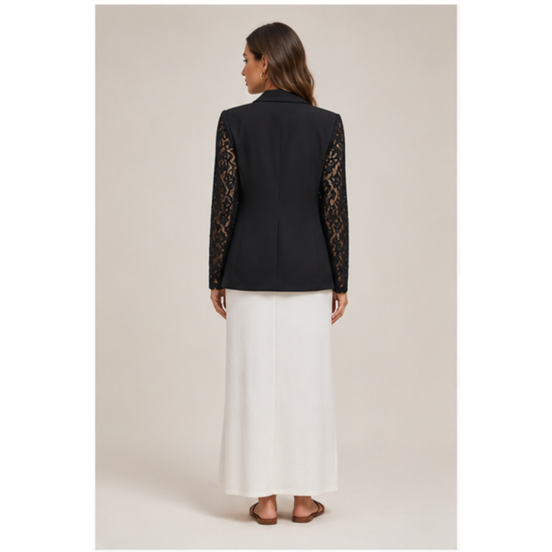 Blazer noir à manches dentelle Tsniout — vue 2 — Corps polyester, manches en dentelle florale