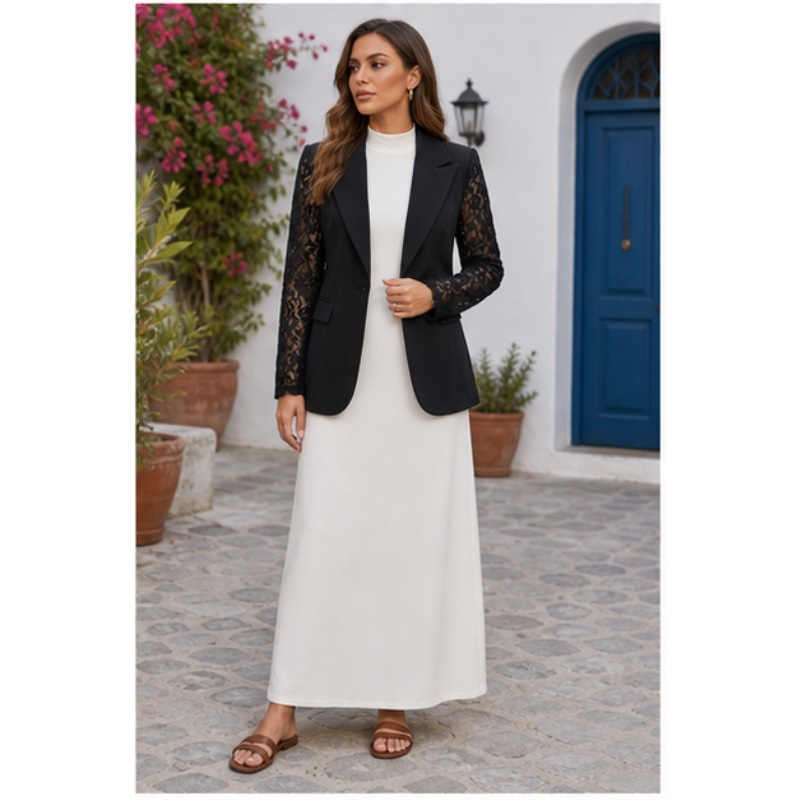 Blazer noir à manches dentelle Tsniout — vue 3 — Corps polyester, manches en dentelle florale