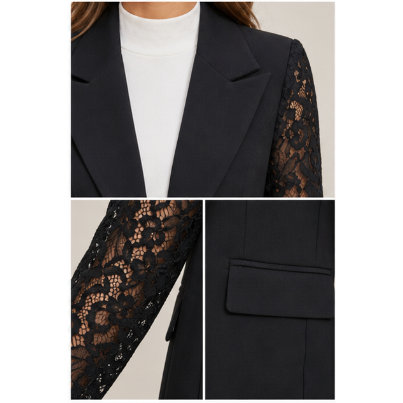 Blazer noir à manches dentelle Tsniout — vue 4 — Corps polyester, manches en dentelle florale
