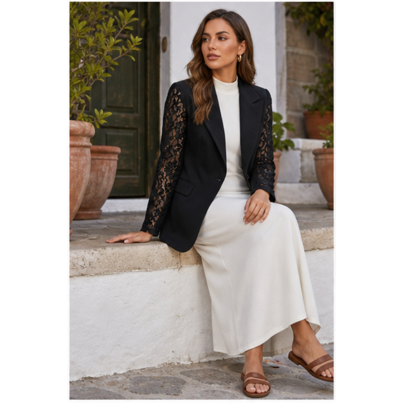 Blazer noir à manches dentelle Tsniout — vue 5 — Corps polyester, manches en dentelle florale