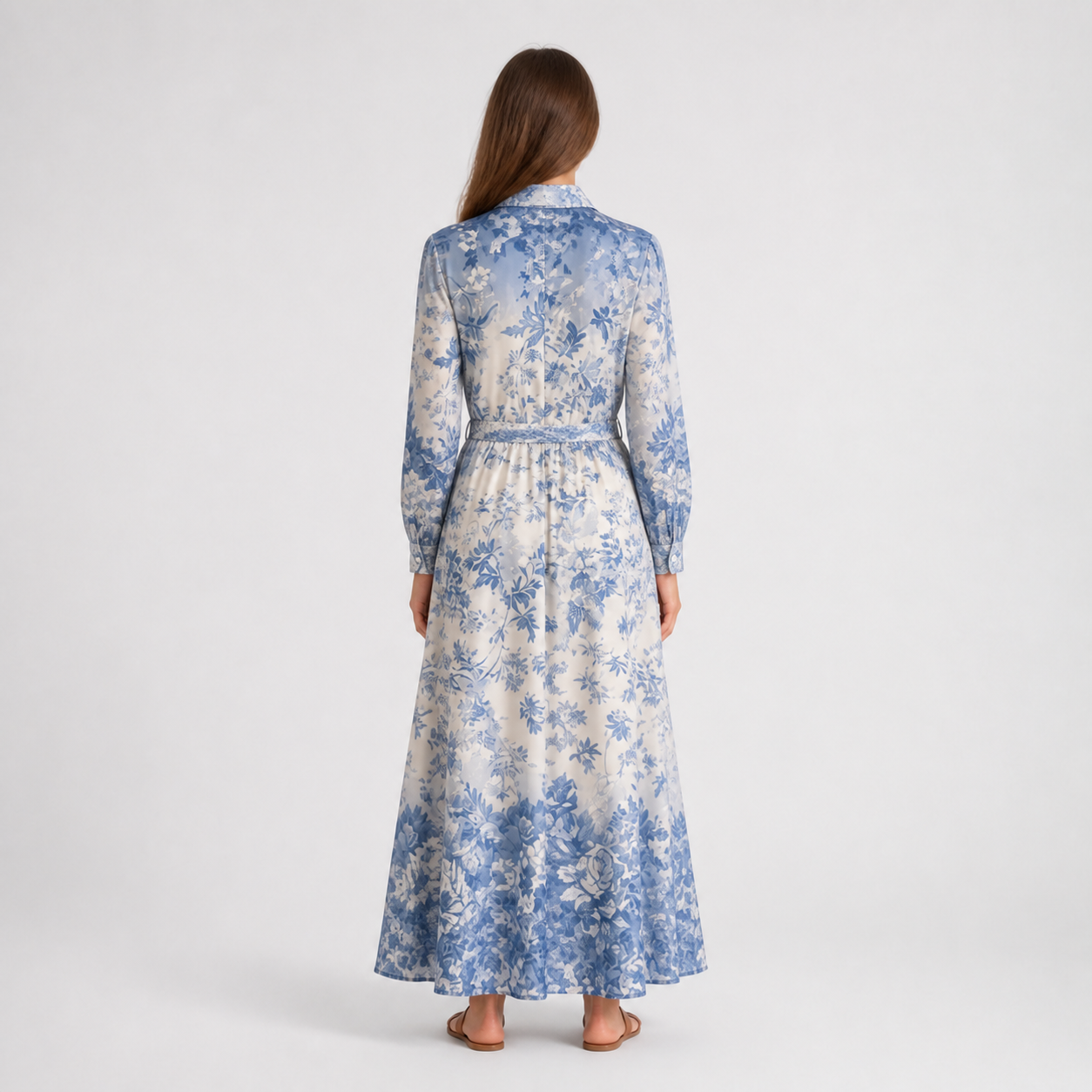 Robe longue bleue fleurie ceinturée Tsniout — vue 2 — Tissu fluide imprimé floral, coupe maxi et ceinture assortie