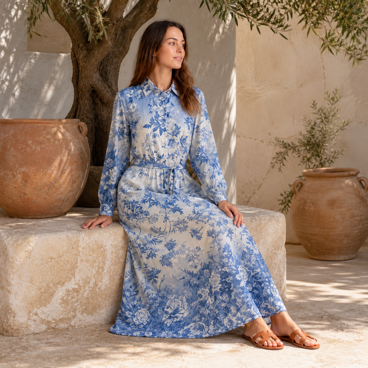 Robe longue bleue fleurie ceinturée Tsniout — vue 5 — Tissu fluide imprimé floral, coupe maxi et ceinture assortie
