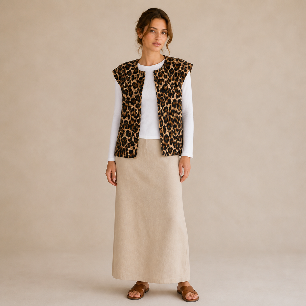 Gilet beige léopard sans manches Tsniout — Coton 100 %
