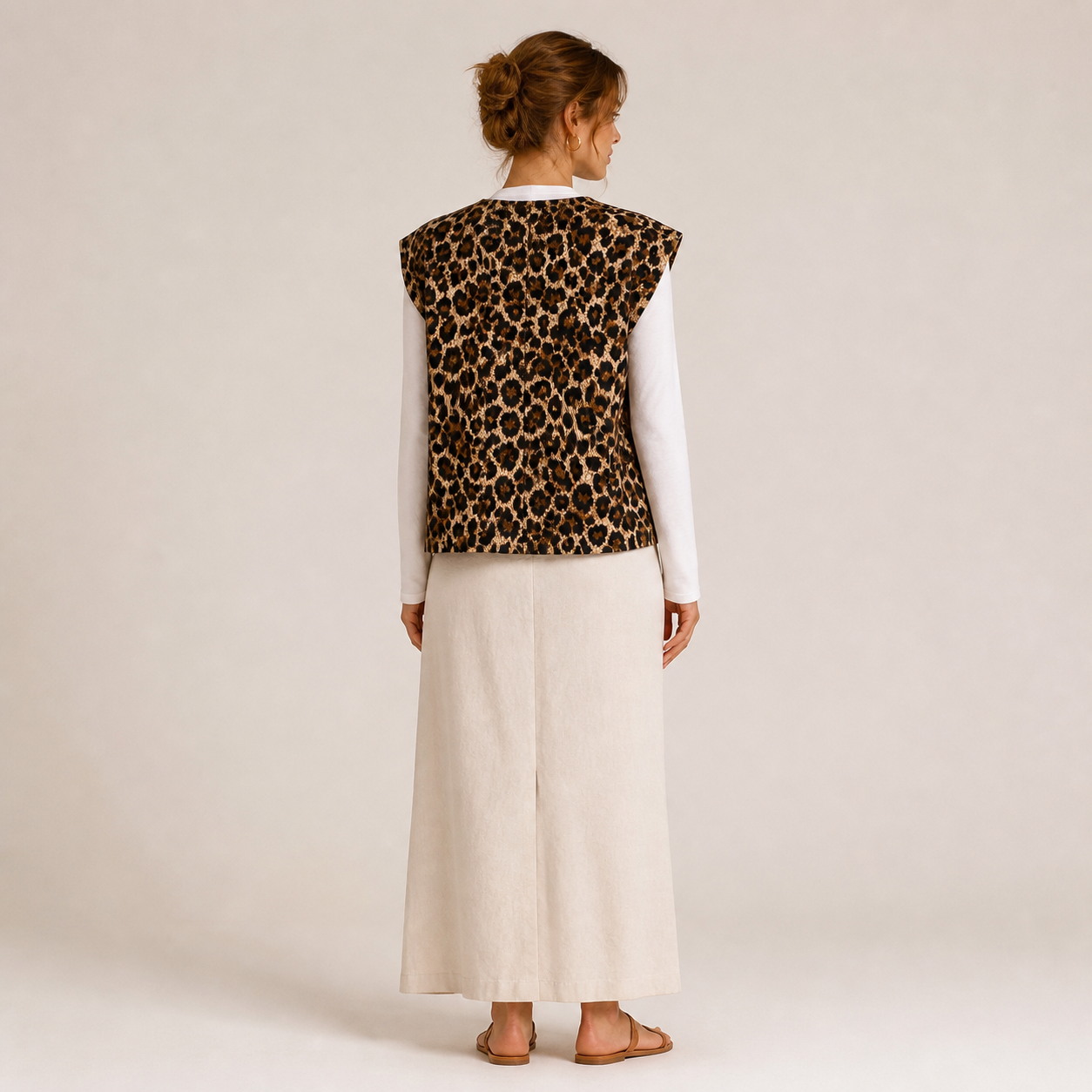 Gilet beige léopard sans manches Tsniout — vue 2 — Coton 100 %