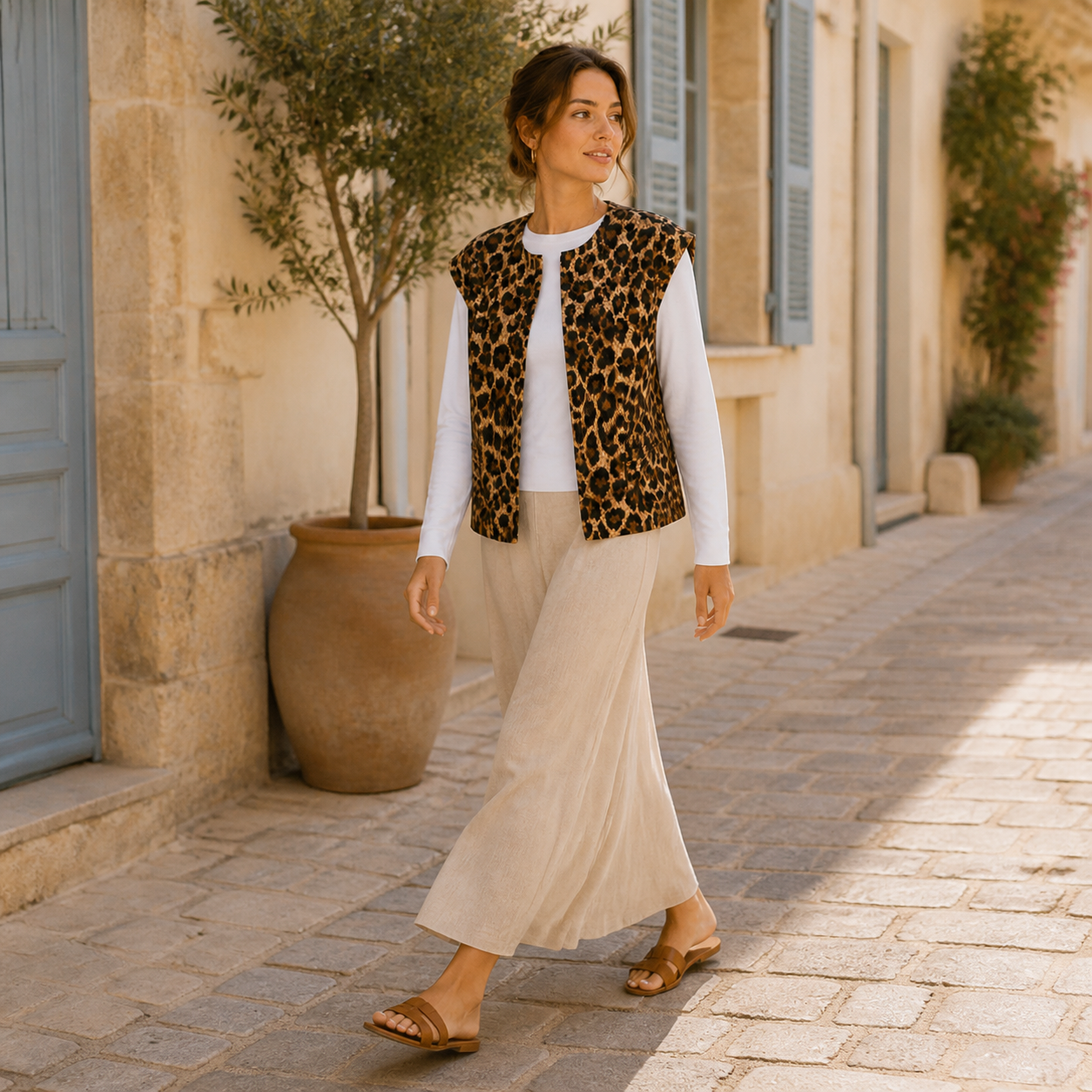 Gilet beige léopard sans manches Tsniout — vue 3 — Coton 100 %