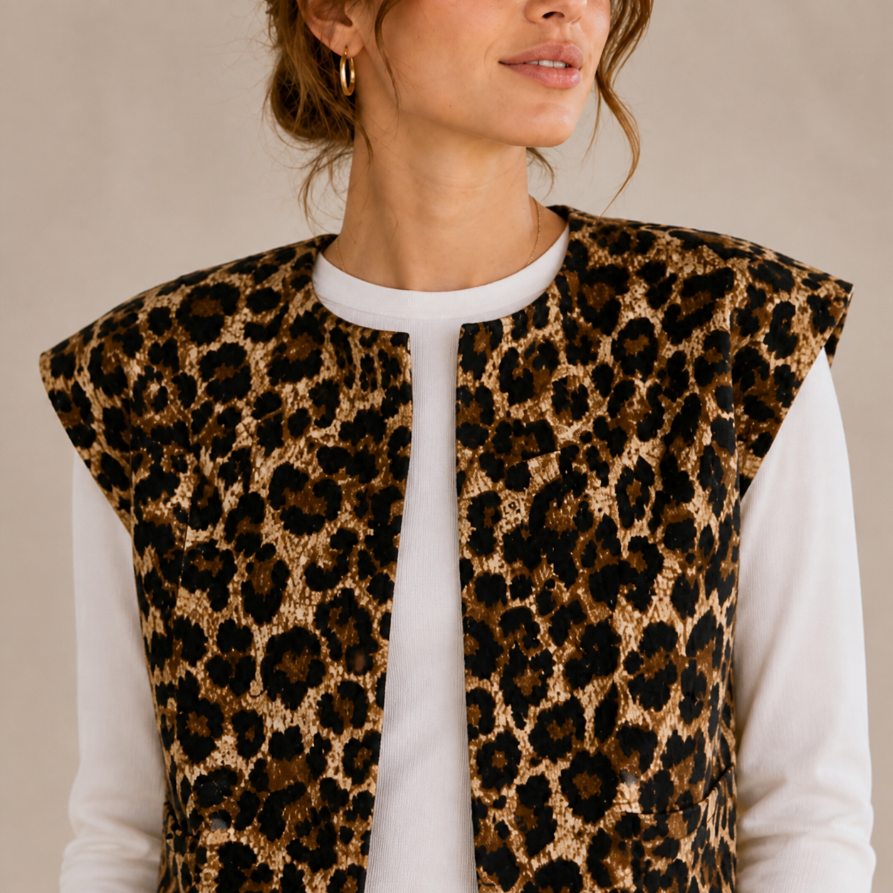 Gilet beige léopard sans manches Tsniout — vue 4 — Coton 100 %
