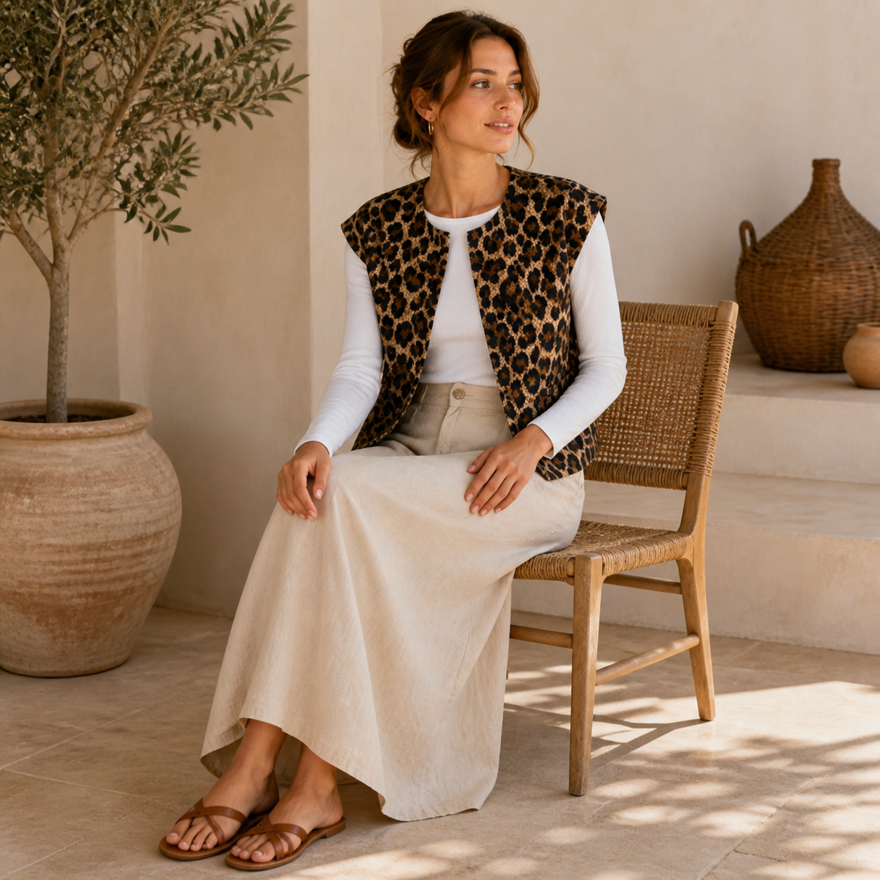 Gilet beige léopard sans manches Tsniout — vue 5 — Coton 100 %