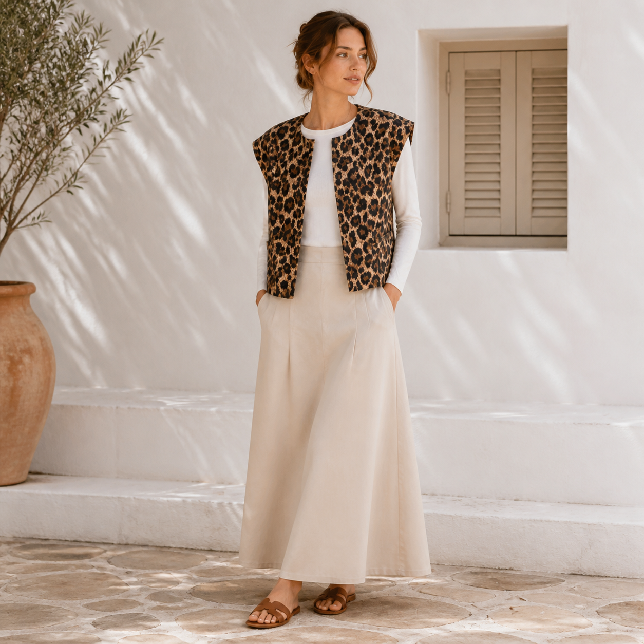 Gilet beige léopard sans manches Tsniout — vue 6 — Coton 100 %