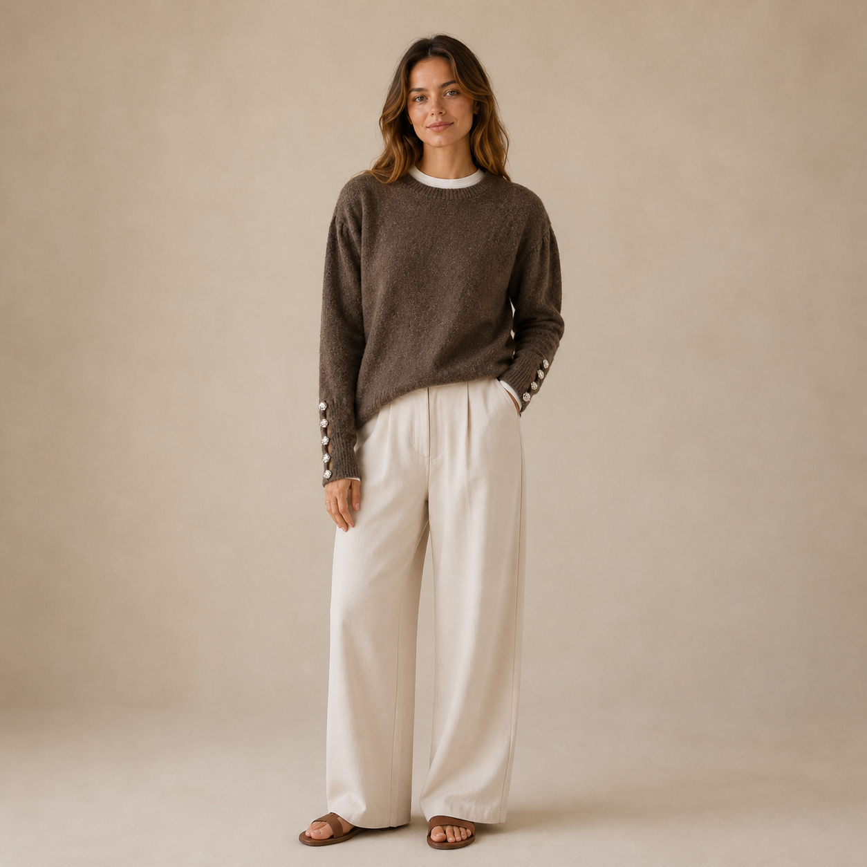 Pull marron en maille à boutons Tsniout — Maille douce riche en laine et élasthanne