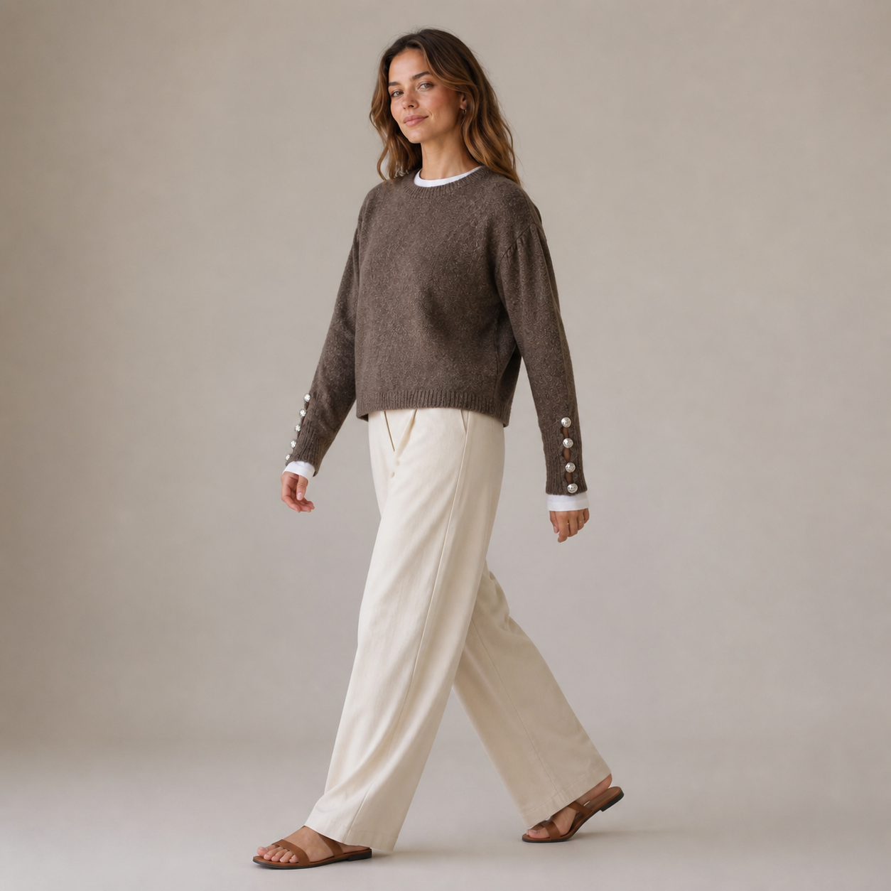Pull marron en maille à boutons Tsniout — vue 3 — Maille douce riche en laine et élasthanne