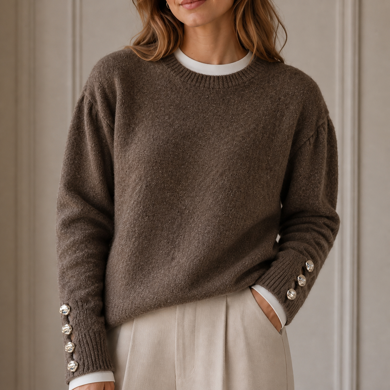 Pull marron en maille à boutons Tsniout — vue 4 — Maille douce riche en laine et élasthanne